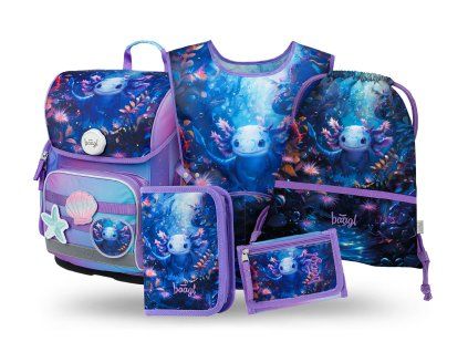 Baagl školní set Ergo Axolotl – aktovka, penál, sáček, zástěra a peněženka