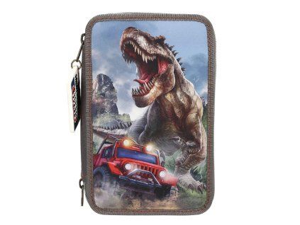Dino World třípatrový penál s výbavou – New World (T-Rex & červený džíp)