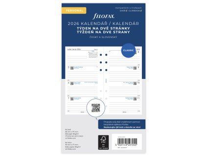 Filofax kalendář 2026 Osobní – týden na 2 strany (česky a slovensky)