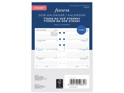 Filofax kalendář 2026 Kapesní – týden na 2 strany (česky & slovensky)