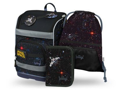 Školní set Baagl Zippy Plus Pixel Space – aktovka pro kluky, penál a sáček