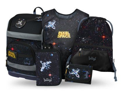 Školní set Baagl Zippy Plus Pixel Space II – aktovka, penál, sáček, zástěra a peněženka