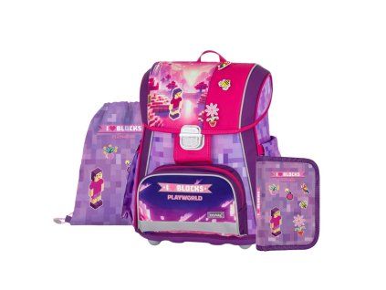 Školní aktovka pro prvňáčky Oxybag PREMIUM Playworld Girl – školní set 3 ks
