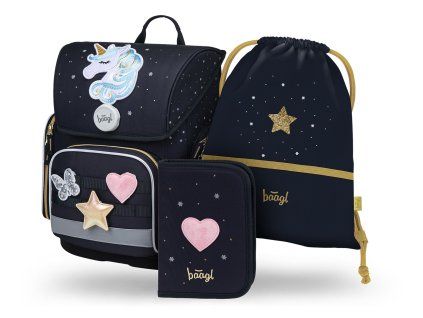 Školní set Baagl Ergo Unicorn Gold – aktovka, penál a sáček