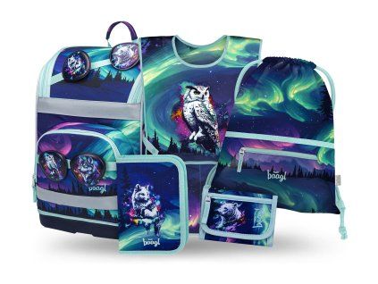 Školní set Baagl Zippy Plus Aurora II – aktovka, penál, sáček, peněženka a zástěra