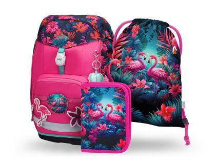 Školní set pro prvňáčky Baagl Airy Plus Plameňáci – batoh, penál a sáček