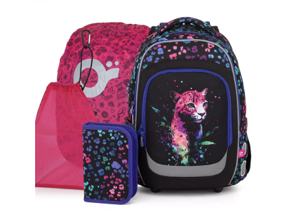 Školní set Topgal LORI 25074 4 díly s neonovým leopardem pro holky 2.–5. třída