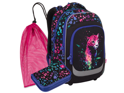 Školní set Topgal LORI 25074 3 díly s neonovým leopardem pro holky 2.–5. třída