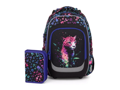 Školní set Topgal LORI 25074 2 díly s neonovým leopardem pro holky 2.–5. třída
