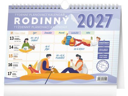 Rodinný týdenní plánovací kalendář 2027 se závěsným háčkem 30 × 21 cm